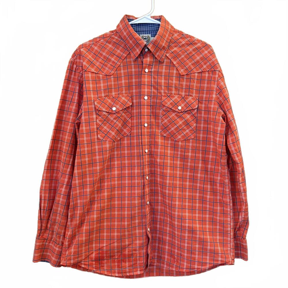 Cinch Men's Large Orange Blue Plaid Western Shirt Pearl Snap Cowboy
